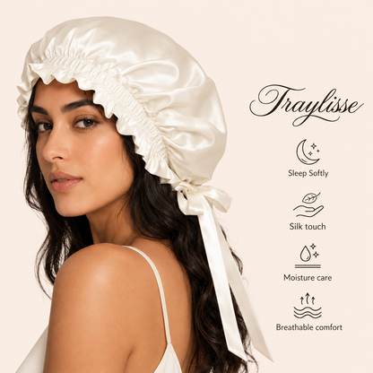 Traylisse® Ivory Silk Tie Bonnet | Soft Shine, Gentle Care