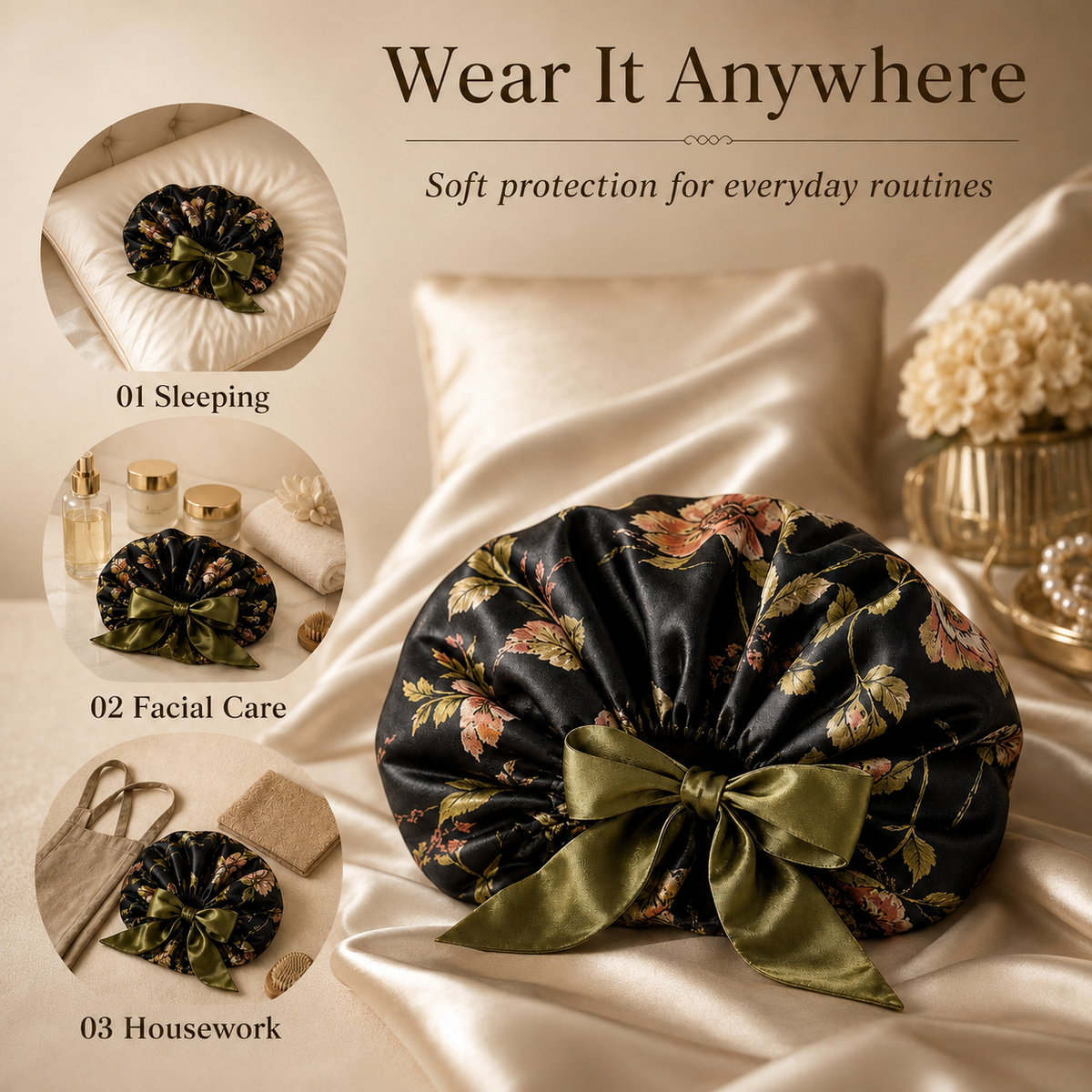 Traylisse® Double-Layer Floral Tie Bonnet | Silky Comfort, Elegant Care