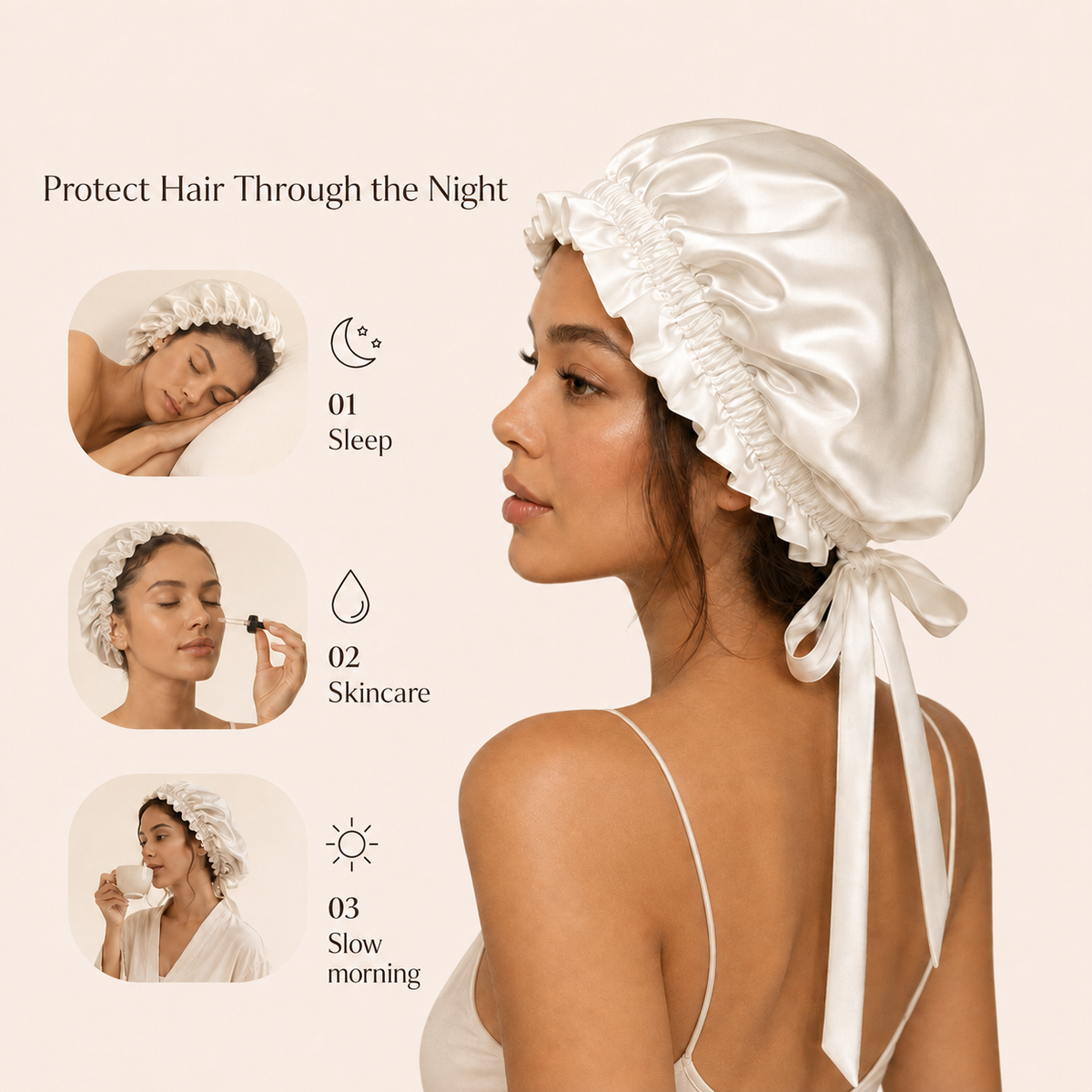 Traylisse® Ivory Silk Tie Bonnet | Soft Shine, Gentle Care