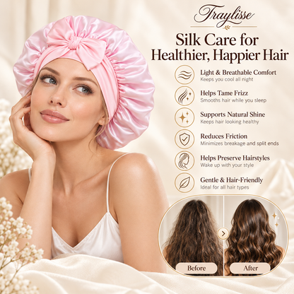 Traylisse® Blush Bow Silk Sleep Bonnet | A Softer Nighttime Ritual