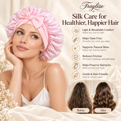 Traylisse® Blush Bow Silk Sleep Bonnet | A Softer Nighttime Ritual