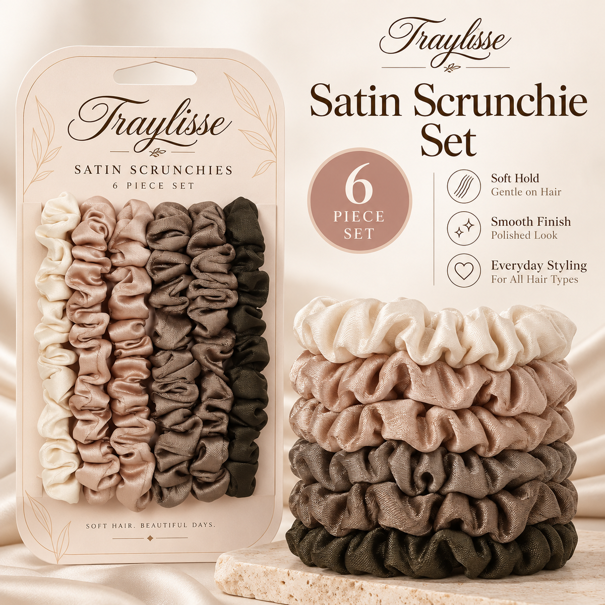 Traylisse® Soft Ties Silk Scrunchie Set | Everyday Hold, Effortless Style