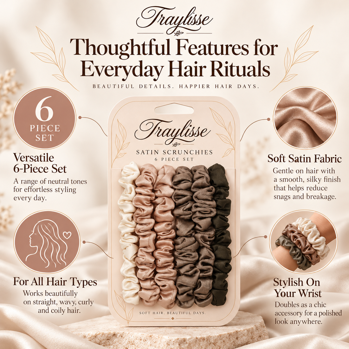 Traylisse® Soft Ties Silk Scrunchie Set | Everyday Hold, Effortless Style
