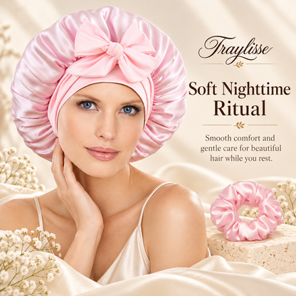 Traylisse® Blush Bow Silk Sleep Bonnet | A Softer Nighttime Ritual