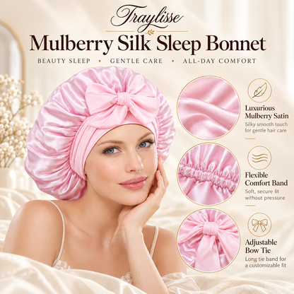 Traylisse® Blush Bow Silk Sleep Bonnet | A Softer Nighttime Ritual