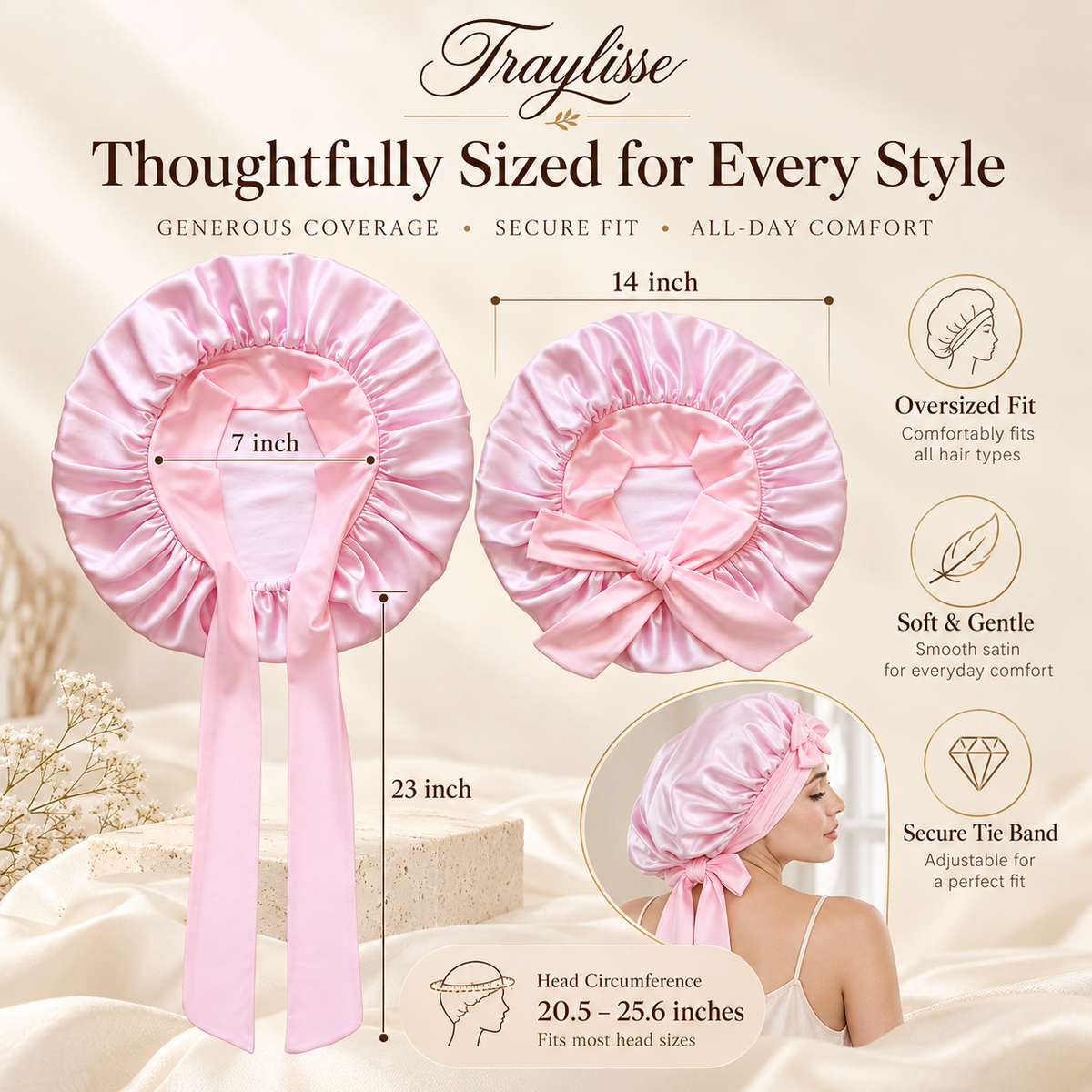 Traylisse® Blush Bow Silk Sleep Bonnet | A Softer Nighttime Ritual